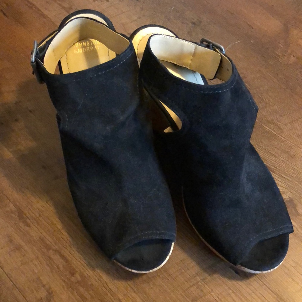 Johnston& Murphy—Black suede & cork wedges